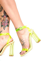 Cape Robbin Neon Yellow Reality Strappy Buckled Clear Block Heeled Sandals