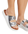 Mia Venessa Silver Double Buckle Comfortable Footbed Slide Mule Platform Sandals