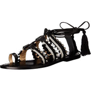 Schutz Patricia Black/White Flat Tie Up Fringe And Gem Designer Sandals (6)