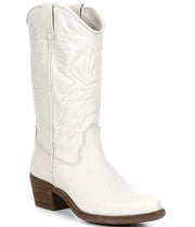 Steve Madden Hayward Leather Block Heel Round Toe Western Boots White Leather