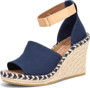 Toms Marisol Navy Canvas Wedge Heel Open Toe Ankle Strap Leather Sandals