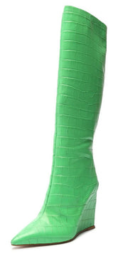 Schutz Up Gianni Green Croc-Embossed Side Zip Pointed Toe Heel Tall Boots