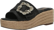 Sam Edelman Celia Black Raffia Slip On Squared Open Toe Wedge Heeled Sandals