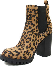 Soda Glove Chelsea Camel Leopard Chunky Lug Sole Elastic Gore Wide Ankle Boots