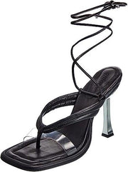 Schutz Meghan Black Clear Vamp Lace Up Open Toe Stiletto High Heel Sandals