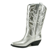 Soda Red Reno Silver Metallic Pu Western Pointed Toe Knee High Pull On Boots