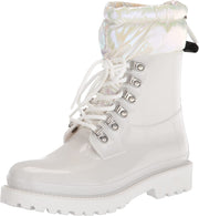Nine West Keepit3 White Lace Up Rounded Toe Lugged Sole Leather Ankle Boots