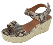 Soda Luthor Natural Python Trim Rubber Sole Flatform Embellished Wedge Sandals
