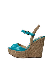 Schutz Poppi Celeste Baby Blue Nubuck High Wedge Platform Espadrille Sandals