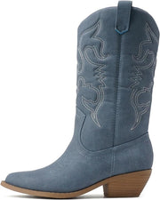 Soda Reno Blue Denim Western Cowboy Pointed Toe Knee High Pull On Western Boots