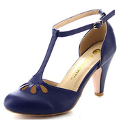 Chase & Chloe Kimmy-36 Navy Pu Fashion Teardrop Ankle Strap Mid Heel Pumps