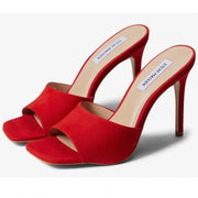 Steve Madden Signal Red Suede Squared Open Toe Stiletto Heeled Sandals