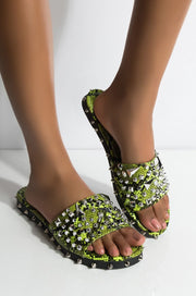 Cape Robbin Lime Snake Edgy Flat Slide Sandal Studded Gold Fun Flat Mule