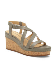 Lucky Brand Batikah Driftwood Nude Strappy Leather Cork Wedge Sandals