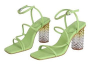 Schutz Mayte Lime Green Leather Buckle Ankle Strap Acrylic Block Heeled Sandal