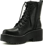 Soda Fling Black Pu Lace Up Chunky Lug Sole Rounded Toe Combat Ankle Boots
