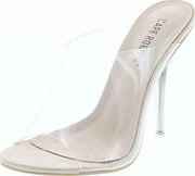 Cape Robbin Allure Lucite Clear PVC Mules Open Toe Stiletto Heel Pumps Nude