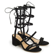 Schutz Malva Black Suede Thin Strappy Block Heel Tie Up Gladiator Sandals