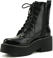 Soda Fling Black Patent Lace Up Chunky Lug Sole Rounded Toe Combat Ankle Boots