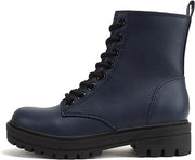 Soda Firm Navy Pu Lace Up Rounded Toe Lugged Chunky Platform Combat Ankle Boots