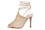 Klub Nico Margeaux High Heel Formal Sandal Nude Mesh Rhinestone Peep Toe Tie Up