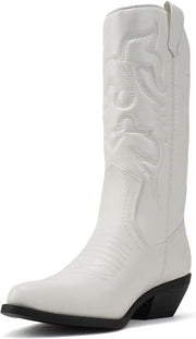 Soda Reno White Pu/Black Heel Western Cowboy Pointed Toe Knee High Pull On Boots