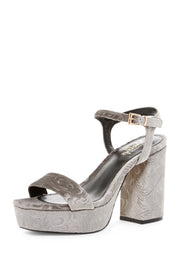 Shellys London Billy Grey Fashion Embossed Velvet Retro Block Heel Dress Sandals