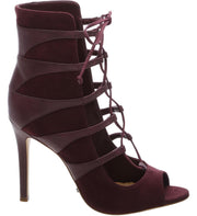 Schutz Women's Kardita Cabernet Burgundy Suede Lace Up High Heel Peep Toe Bootoe