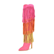 Nine West Tasels Pink Multi Pointy Toe Stiletto Heel Fringe Trim Knee High Boots