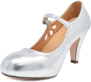 Chase & Chloe Kimmy-21 Rounded Toe Kitten Heeled Mary Jane Dress Pumps Silver