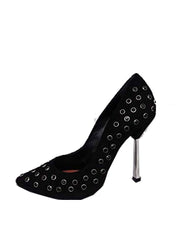 Schutz Shamira Black Suede Rhinestone Grommet Embellished Silver Stiletto Pumps