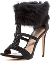 Lauren Lorraine Angela Black Satin Fur Collar Sandal Rhinestone Formal Pumps