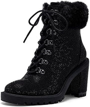 Jessica Simpson Deliah Fur Cuff Rhinestone Lace-Up Lug Sole Combat Bootie Black