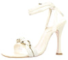 Schutz Rainah White Nappa Leather Buckle Ankle Braided Chain Straps Heel Sandals