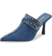 Jeffrey Campbell Genes Blue Denim Pointed Toe Slip On Mule Mid Heel Pumps