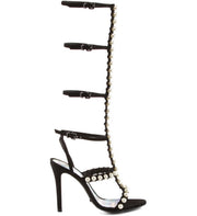 Schutz Thassia Black Nubuck Pearl Detailed Adjustable Ankle Strap Heeled Sandals