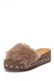 LFL by Lust For Life Women's LL-Prism Slide Sandal Tan Furry Mule Wedge Platform