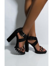 Cape Robbin Monstrous Black Leopard Vamp Ankle Buckle Strappy Lug Sole Open Toe Platform Sandal