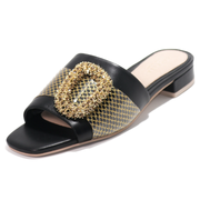 Cecelia New York MAUI Slide Sandal Black Leather Gold Embellished Flat Mule