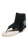 French Blu YVETTE BLACK SUEDE THONG FRINGE DETAILED OPEN TOE FLATS SANDALS