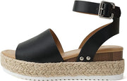 Soda Topic Black Pu Espadrilles Ankle Strap Studded Wedge Heel Platforms Sandals