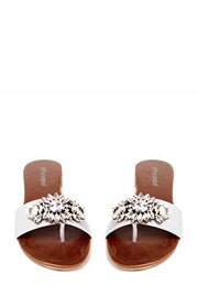 Jeffrey Campbell EZ Breezy White Leather Crystal Embellished Band Slide Sandals (6.5)