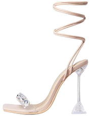 LuxeModa Reina Gem Detail Square Toe Lace Up Clear Perspex Pyramid Heel, NUDE
