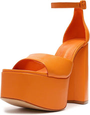 Schutz Lenne Bright Tangerine Ankle Strap Open Toe Block Heel Platform Sandals
