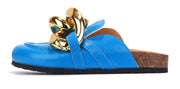 Cape Robbin Colinda Blue Vegan Leather Slip On Big Buckle Gold Slide Mule Sandal