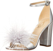 Sam Edelman Yaro Soft Silver Feather Ankle Strap Open Toe Block Heeled Sandals
