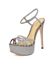 Schutz Tamare Aco Pewter Glitter Strappy Platform Stiletto Sandal Heels