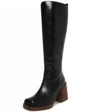 Steve Madden Andiee Black Leather Stacked Block Heel Squared Toe Knee High Boots