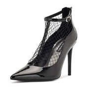 Nine West Fishnet Black Patent Pointed Toe Stiletto Heel Ankle Strap Pumps