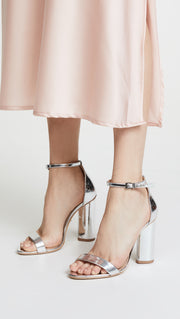 Schutz Jeannine Block Heel Sandals Parata Silver Ankle Strap OPen Toe Pumps